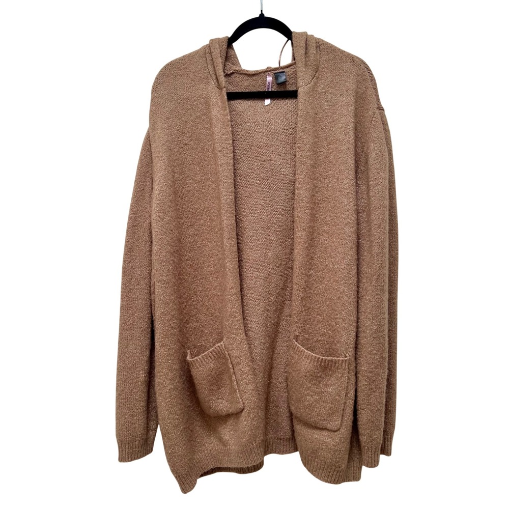 Love By Design Womens 2X Brown Hooded Open Front Cardigan Sweater Pockets Fuzzy